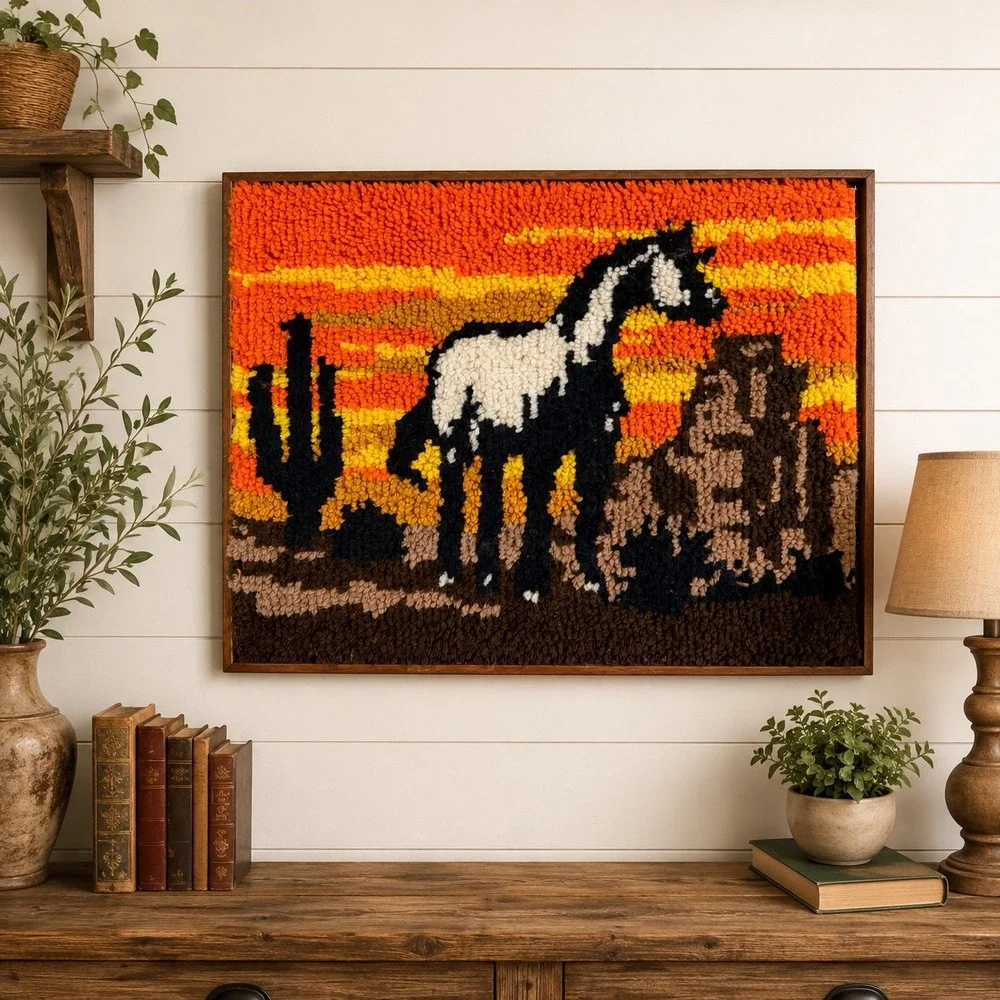 Vintage Latch Hook Wall Hanging Desert Horse Sunset Cactus Framed Yarn Art 24x19
